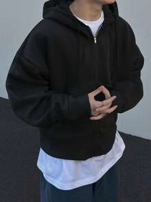 Manfinity Hypemode Men's Patchwork Sweatshirt Sweatshirt, Hooded Casual Athletic Style, Autumn/Winter,Men's Streetwear,Baggy,Brand,I Love My Boyfriend,Graphic,Boyfriend,Men's Casual Sports Short Zip Up Hoodie Grey , Fall