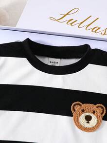 SHEIN Áo liền thân tay ngắn in hình gấu sọc cho bé trai sơ sinh/trẻ nhỏ - màu đen - Xem 7