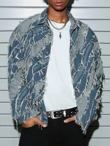 Manfinity EMRG Men's Fashion Long Sleeve Loose Denim Jacquard Jacket Jackets For Men Y2k - Medium Wash - View 3