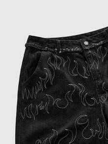 ROMWE MEN Men's Flame Pattern Pocket Loose Casual Denim Shorts - Black - View 3