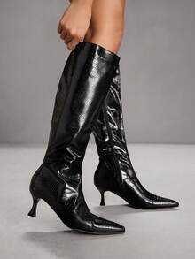 CUCCOO SZL 女士时尚尖头蛇纹图案简约优雅百搭侧拉链细高跟过膝长靴 - 黑色 - 查看 11