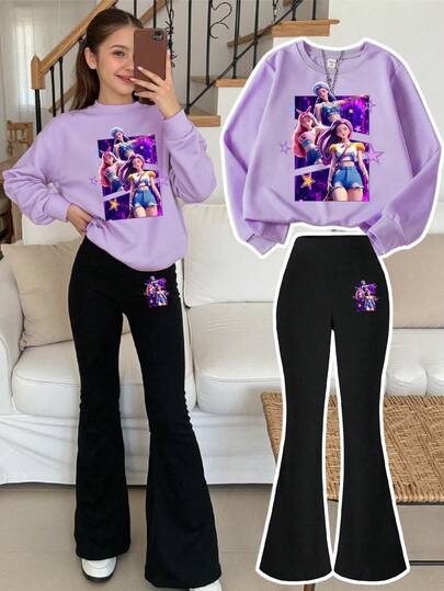 Sparklyn Tween Girl 2 st/set Kpop Idol & Heart Graphic Lila Rund Halsad Sweatshirt & Svarta Utsvängda Byxor Outfit, Avslappnad Modern Varm Sweatshirt, Lämplig För Vinter, Vardagskläder, Utomhuslek