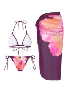 Swim Oasis 3件套女士夏季海滩度假休闲套装，印花比基尼套装和网纱系带沙滩裙，波西米亚风泳装 - 彩色 - 查看 2