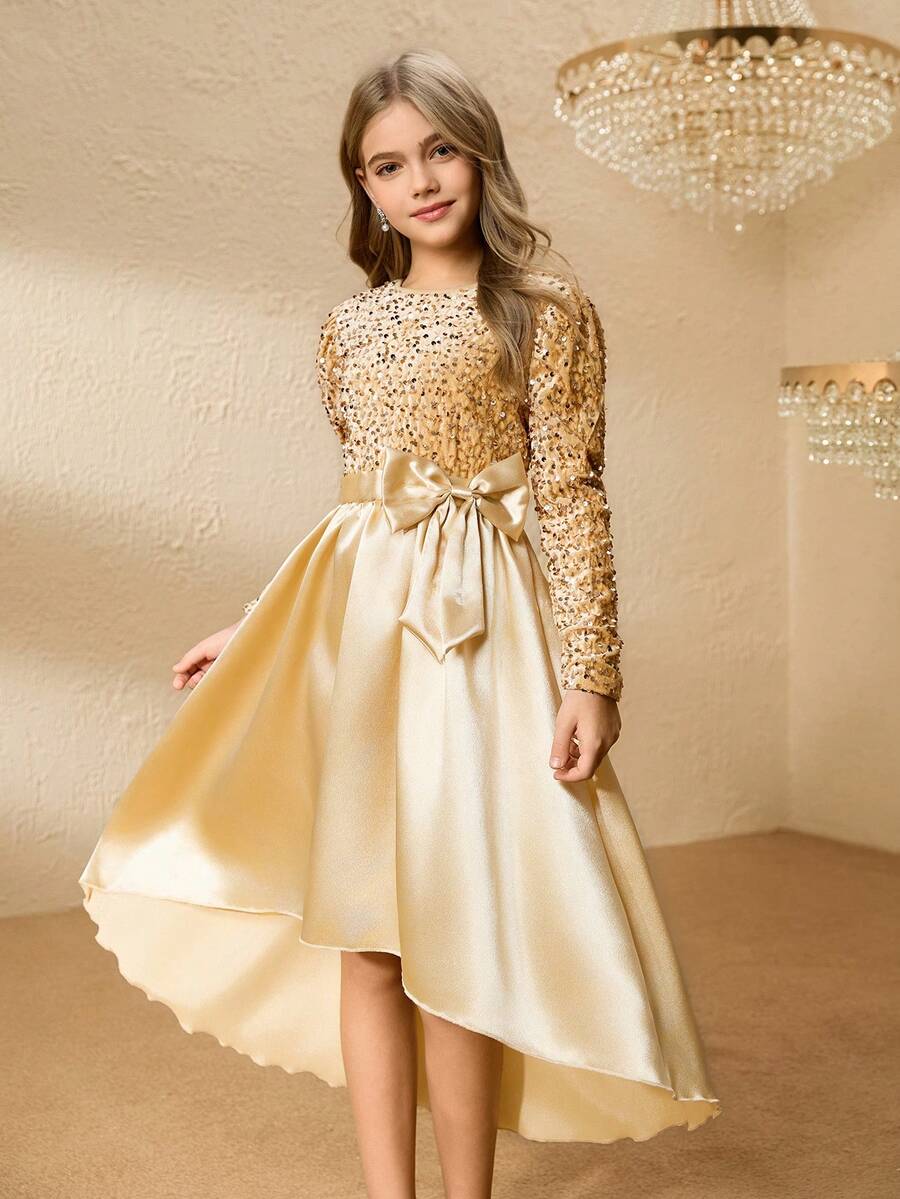 Elegantes Kleid für Mädchen im Teenager-Alter aus champagnerfarbenem Samt mit Pailletten, Langarm, tailliert mit Schleife, Rüschensaum aus Satin