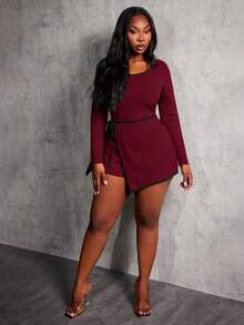 SHEIN SXY 大码女式性感休闲酒红色圆领长袖撞色滚边短款连体裤，弹力修身连体裤，休闲商务装，适合日常、办公室、通勤、秋冬季穿着。 - 酒紅色 - 查看 5