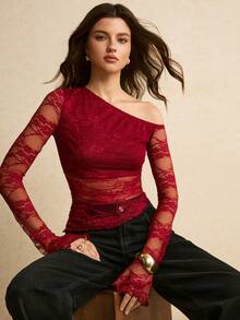 Poéselle Women's Fashion Sexy Asymmetric Neck Lace Long Sleeve Top, See Through Top, Red Mesh Top, See Through Tops, Dark Red Top, Red Lace Top,Winter Clothes Christmas Top,New Year Top,Elegant Top, Red Asymmetrical Shoulder Top Asymmetrical Shoulder Mesh New Year, New Styles - Burgundy - View 3