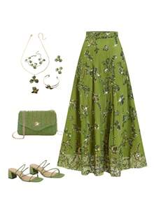 Ellevyn Chân váy dài màu xanh lá cây thêu kim tuyến lấp lánh thanh lịch dành cho nữ, thích hợp cho mùa thu, sân bay, đồng quê, trang trọng, dạ hội, đám cưới, tiệc tùng, Giáng sinh, năm mới, thường ngày, mùa xuân hè. - màu xanh lá - Xem 2