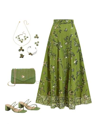 Ellevyn 女式优雅闪光刺绣绿色长裙秋季机场乡村秋季