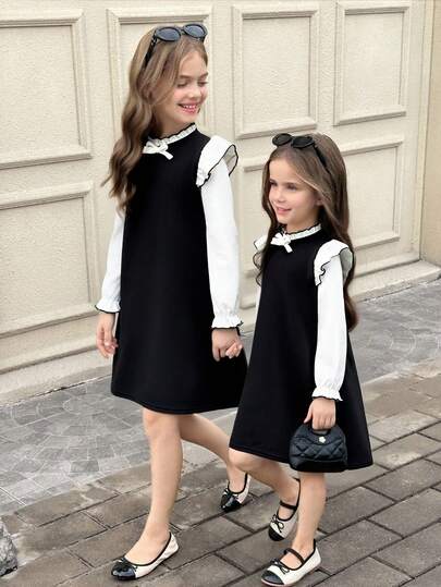 SHEIN 少女优雅蝴蝶结装饰撞色荷叶边下摆派对连衣裙，圣诞节及节日