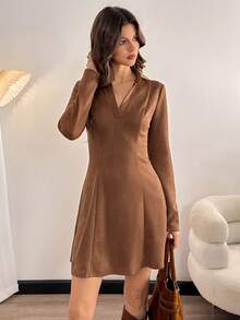SHEIN Tall Vestido con falda línea A y cuello, tela de ante, estilo casual relajado elegante de oficina para mujer, vestido marrón café elegante para mujer, mujer alta - Marrón - Ver 4