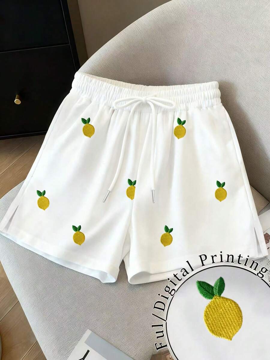SHEIN Women's Casual Lemon Embroidered Knotted Versatile Shorts - White - View 1