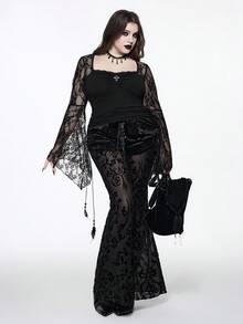 ROMWE EDITION Christmas Gothic Cross Lace Patchwork Square Neck Flare Sleeve Women Top - Black - View 8