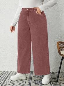 EMERY ROSE Plus Size Spring Simple Slant Pocket Loose Straight Leg Non-Stretch Jeans - Rust Brown - View 3