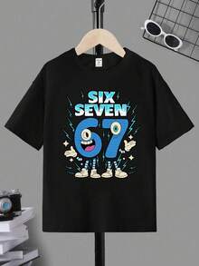 SHEIN Boys' Casual Creative Cute Big Eye Blue Number 67 Hand Gesture Graphic Print All-Match Short Sleeve T-Shirt, Cozy Summer & Fall Styles, Suitable For Boys Daily Casual Wear