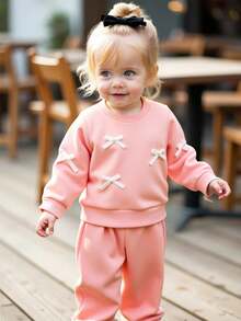 Souflis Souflis 法式复古秋冬新款浅粉色长袖3D蝴蝶结卫衣搭配浅粉色长裤，适合上学、外出及各种场合，女婴/女童两件套 - 粉色 - 查看 8