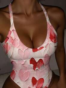 Rovax Women's Heart Print Sexy Camisole Bodysuit