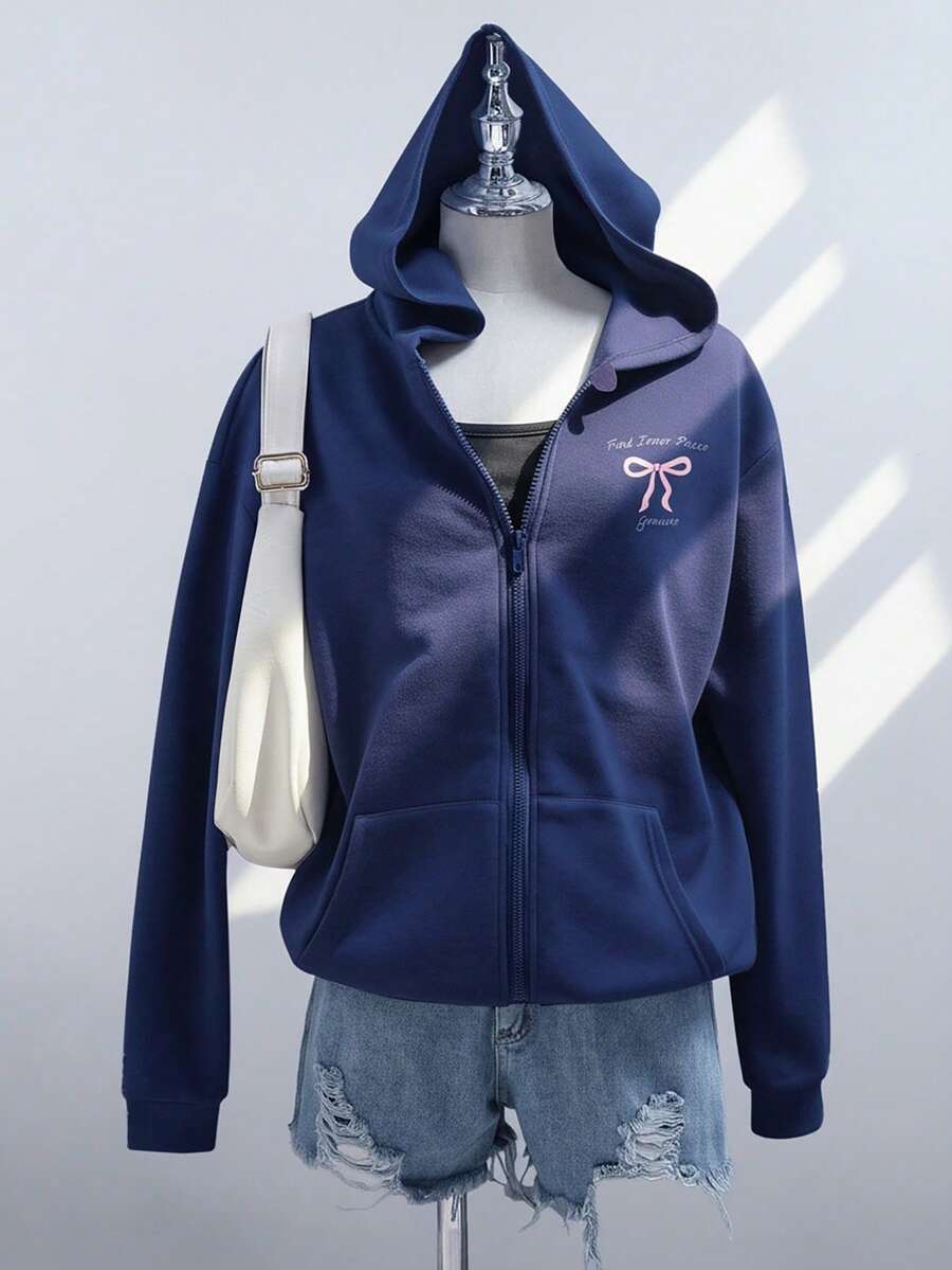 SHEIN 青少年女孩蝴蝶結英文字樣印花秋冬連帽拉鍊休閒可愛衛衣,輕便舒適校園穿搭,海軍藍 - 藍色 - 查看 1