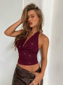 Aloruh Wine Red Halter Knit Glitter Party Sexy Plunge Neck Camisole Top,Tank Top,Valentine's Day,Burgundy Top,Sparkly Top,Glitter Top,Summer Vacation Outfits,Vacation Outfits Women,Spring Break Outfits,Elegant Top - Burgundy - View 7