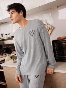 CoupledUp Men's Simple Heart Print Soft & Skin-Friendly Ribbed Loungewear Set, Winter Clothes - Grey - View 3