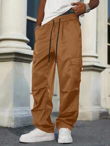 Manfinity Homme 男士休闲纯色工装裤，带抽绳和口袋 - 棕色 - 查看 5
