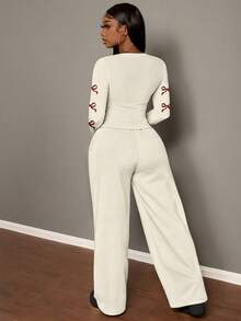 Slaydiva 2pcs Women's Brown Drawstring Casual Straight-Leg Sports Sweatpants + Solid Color Fold-Over Long Sleeve T-Shirt Set, Fall/Winter - Multicolor - View 2