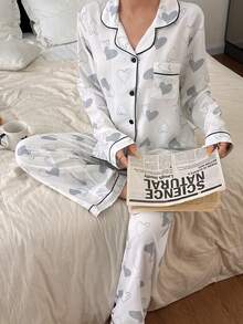 SHEIN 泡泡褶皱爱心印花长袖长裤女士睡衣套装 - 白色 - 查看 3