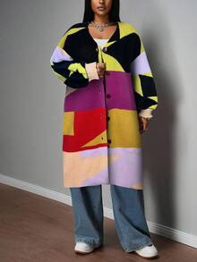 Slaydiva Áo khoác cardigan dài tay phối màu cỡ lớn, kiểu dáng thường ngày/áo len mùa đông cài nút, áo len dài cho nữ, quần áo cầu vồng cho nữ, áo cardigan nữ. - Nhiều màu - Xem 3