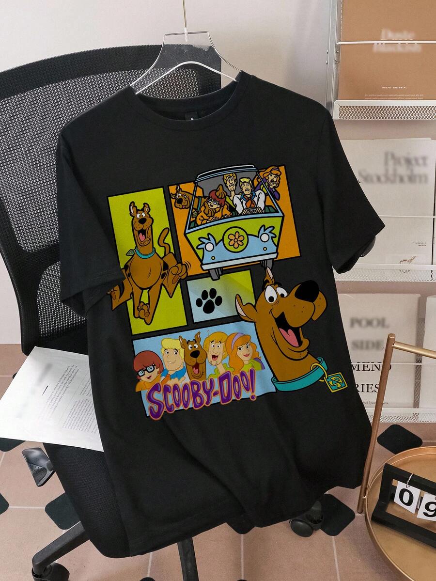 SCOOBY-DOO X SHEIN 男士休闲卡通狗印花圆领短袖T恤，夏季 - 黑色 - 查看 1