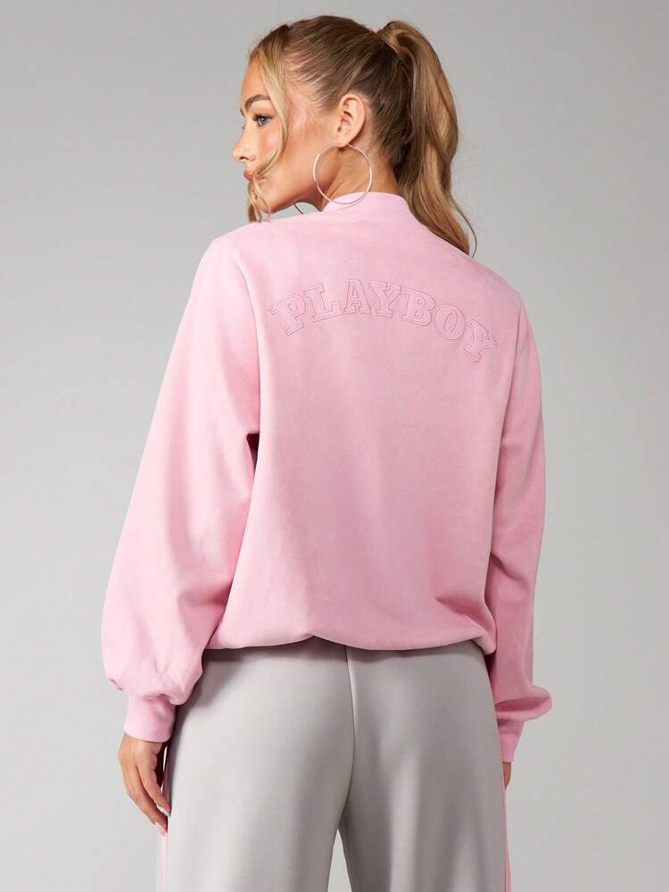 Missguided x Playboy Bunny Logo Zip Up Jacket With Ribbed Hem And Cuffs For Casual Everyday Outerwear
