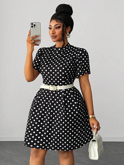 Maweii Plus Size Dam Elegant Romantisk Delikat Fransk Prickig Rund Hals Midja Åtsittande A-linje Korsärmad Kortärmad Miniklänning