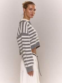 MUSERA 翻领罗纹条纹针织短款套头衫，冬季舒适可爱休闲柔软针织衫 - 彩色 - 查看 4