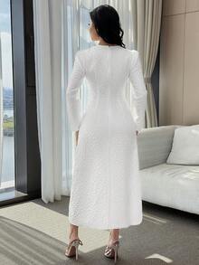 Feyla Women's Floral Jacquard Button Design Round Neck Puff Sleeve Elegant Mid-Length Dress - White - View 4