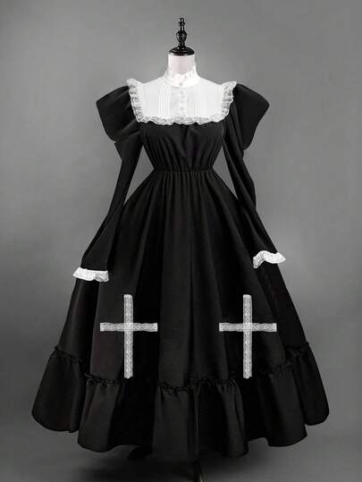 Whyspr Goth Black Casual Punk Solid Color Textured Waist Fitted Minimalist Long Sleeve Dress Lolita Dress Gothic Dress Black Church Dress Funeral Dress European Dress