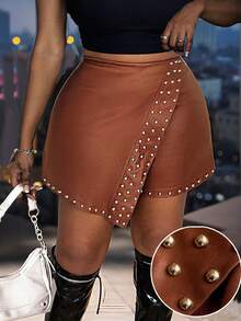 Maweii Women's Plus Size Elegant PU Fabric Asymmetrical Hem Shiny Studded Trim Design Shorts, Featuring An Elasticated Back Waist, Side Zipper, Perfect For Parties, Gatherings, Night Outs, Christmas, Halloween, New Year's, Valentine's Day Romantic Dates, Vacation, Concerts, Fashionable Versatile Statement Piece, New Women's Plus Size Fashion Item Plus Size Women's Shorts. - Brown - View 2