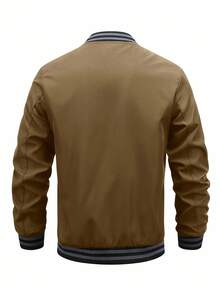 Manfinity Homme Áo khoác Varsity dáng rộng, có khóa kéo, họa tiết sọc dành cho nam - Rỉ Nâu - Xem 2