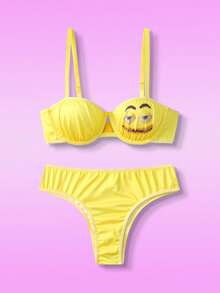 Notgurli 2pcs Bra + Panty Set, Underwire Lift & Enhance, Chocolate Chip & Print, Cute & Playful Women's Lingerie Set - Yellow - View 1