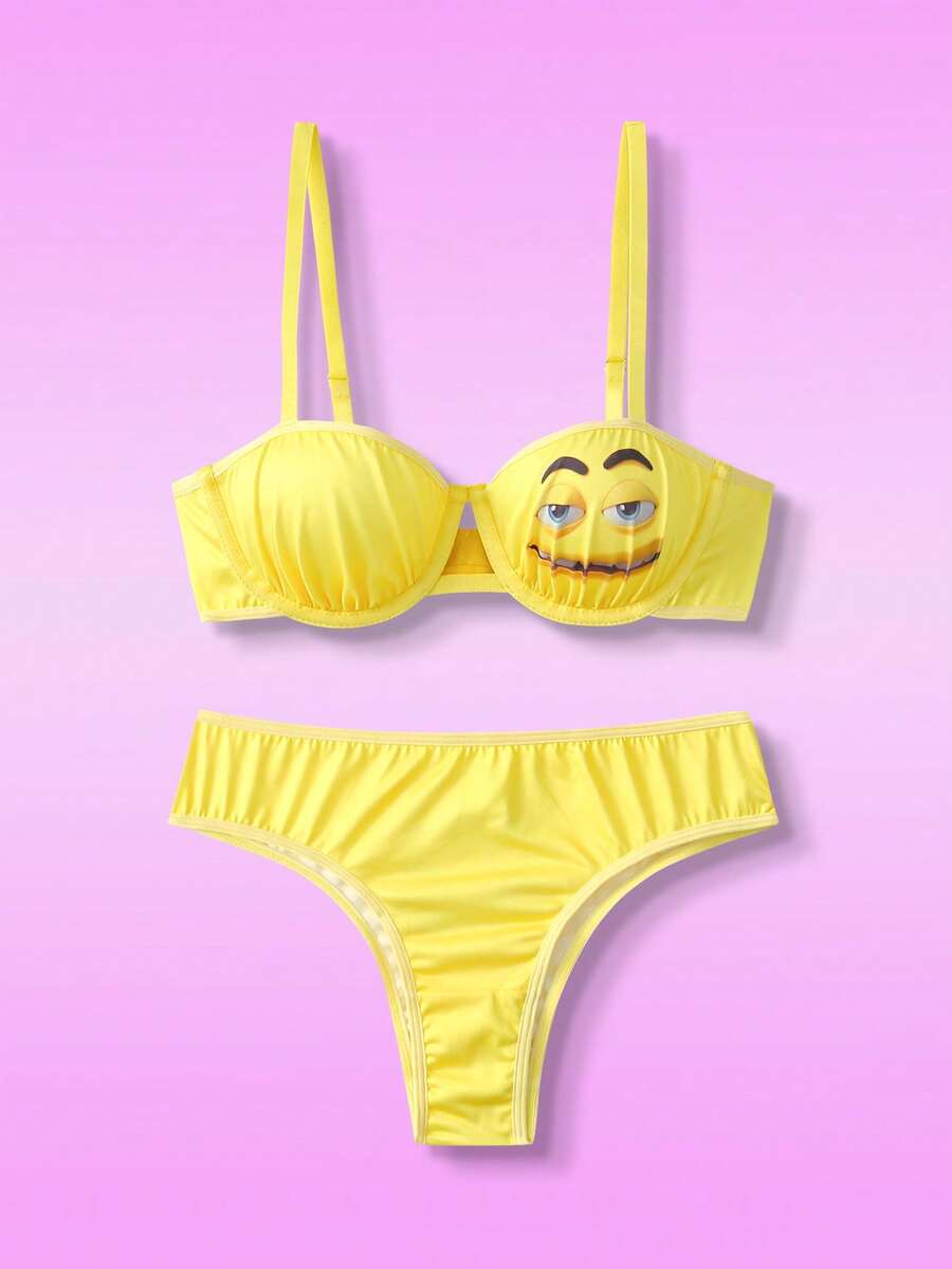Notgurli 2pcs Bra + Panty Set, Underwire Lift & Enhance, Chocolate Chip & Print, Cute & Playful Women's Lingerie Set - Yellow - View 1