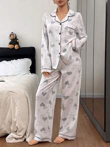 SHEIN 泡泡褶皱爱心印花长袖长裤女士睡衣套装 - 白色 - 查看 5