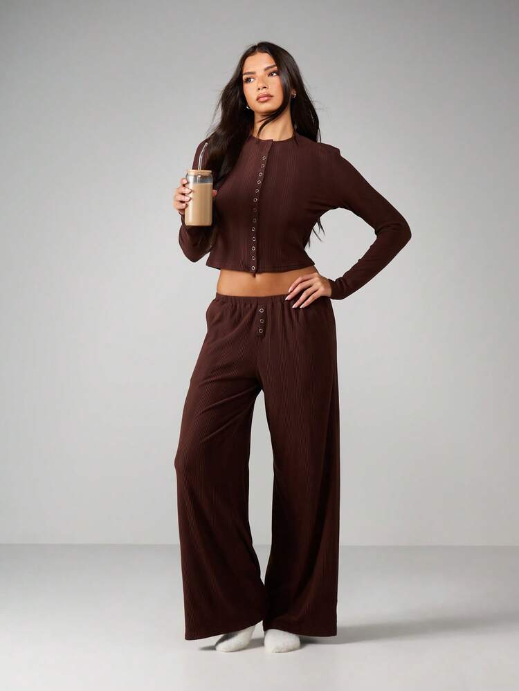 MISSGUIDED Komplet piżamowy z prążkowanej dzianiny z guzikami z przodu, długim rękawem i szerokimi nogawkami, odzież domowa, dwuczęściowy strój