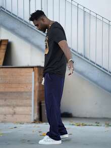 Heavens Edit 2025 Men's Summer Leisure Letter & Tape Print Round Neck Short Sleeve T-Shirt - Black - View 4