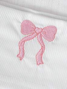 SHEIN Sparklyn Tween Girls' Fashion Elegant T-Shirt Set, White Knit Top Paired With Black Woven Cake Skirt, Top Decorated With Black Bow, Skirt With Pearl Embellishment - Pink - View 4