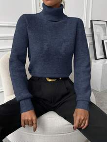 SHEIN Women's Solid Color Turtleneck Long Sleeve Casual Sweater, Autumn/Winter - Navy Blue - View 5
