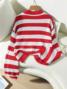 Franclia Women's Contrast Color Crew Neck Long Sleeve Pullover Sweater - Red and White - View 2