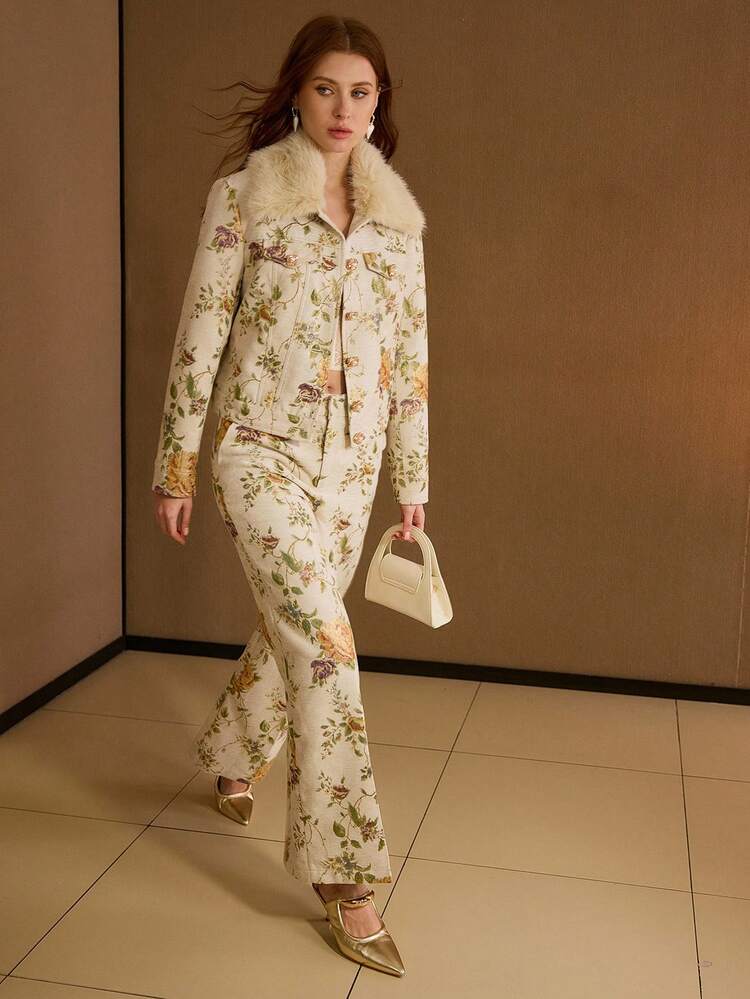 WOMEN'S JACQUARD FLORAL PRINT SEAM FRONT WIDE LEG SUIT PANTS