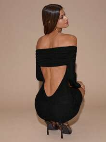 SHEIN BAE Vestido mini ajustado con hombros descubiertos, manga larga y fruncido, color borgoña sólido para mujer, otoño/invierno, sexy y elegante para fiesta, cóctel, ocasión formal, dama de honor, cumpleaños, Navidad, Halloween - Negro - Ver 5