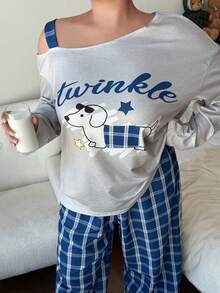 Dream Adore 大码露肩狗狗印花长袖上衣和格子裤休闲睡衣套装 - 彩色 - 查看 3