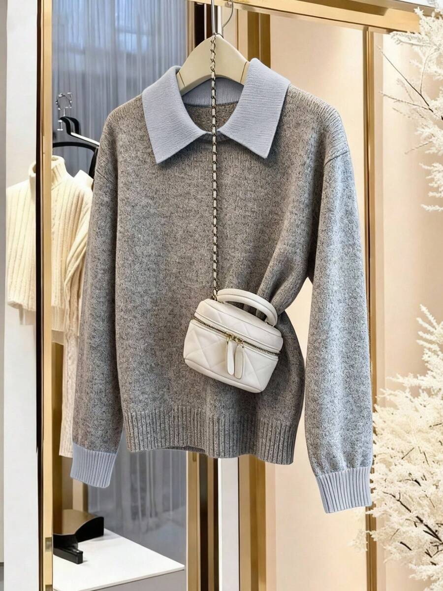 Franclia 女士秋冬圆领加厚针织毛衣，撞色宽松套头衫 - 灰色 - 查看 1