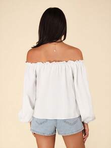 SHEIN VCAY Blusa de hombros descubiertos ribete fruncido de manga farol - Blanco - Ver 4