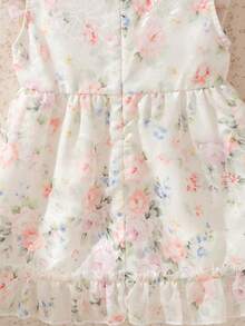 Souflis 法式复古新款春季连衣裙，女童夏季新款玫瑰印花无袖花朵蓬蓬裙，超仙气优雅拉链露背休闲通勤甜美可爱公主裙 - 彩色 - 查看 7