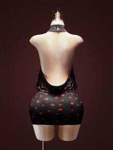 SHEIN ICON 女士性感全心印花露背红色吊带迷你连衣裙，适合婚礼、生日派对、度假、情人节派对等场合，夏季款 - 黑色 - 查看 8